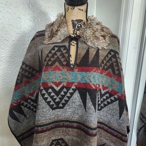 Forever 21 Multicolor Patterned Cape with Faux Fur Collar
